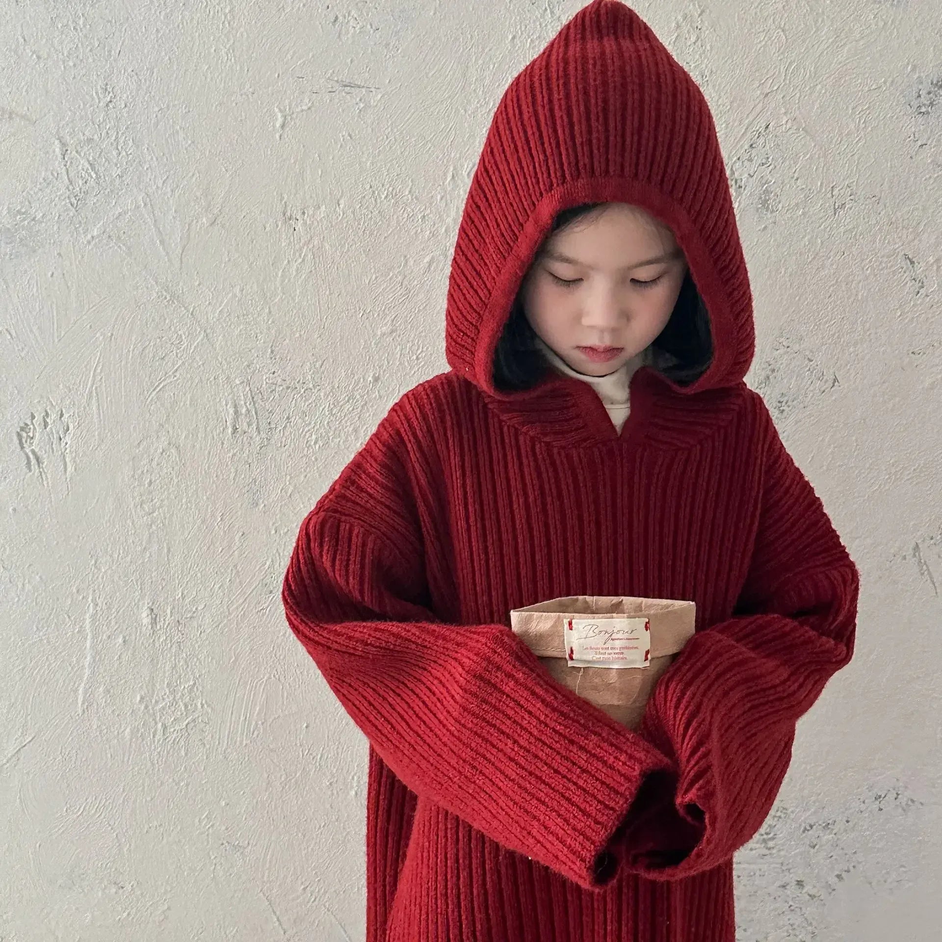 長袖ワンピース キッズワンピース リブニットフーディルーズロング長袖セーターワンピース 3カラー【mh0007572】