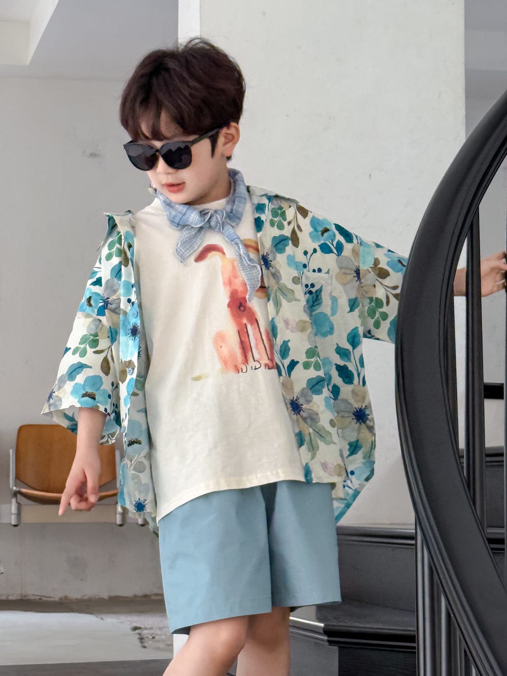 半袖セットアップ Art Set Men / 90cm フラワープリント半袖チュニック+ワイドルーズパンツセット/半袖シャツ+ショートパンツセット【mh0010049】