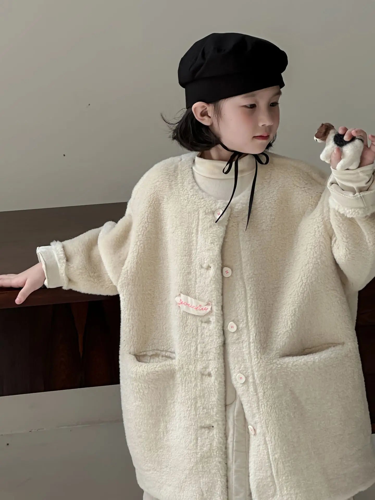 ショートコート・ジャケット・ジャンパー Beige / 110cm 3-4y キッズアウター ボアフリースビッグシルエットノーカラーコートジャケット ベージュ【mh0007593】