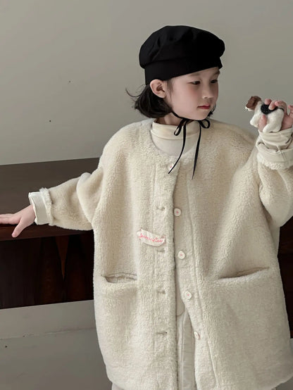 ショートコート・ジャケット・ジャンパー Beige / 110cm 3-4y キッズアウター ボアフリースビッグシルエットノーカラーコートジャケット ベージュ【mh0007593】