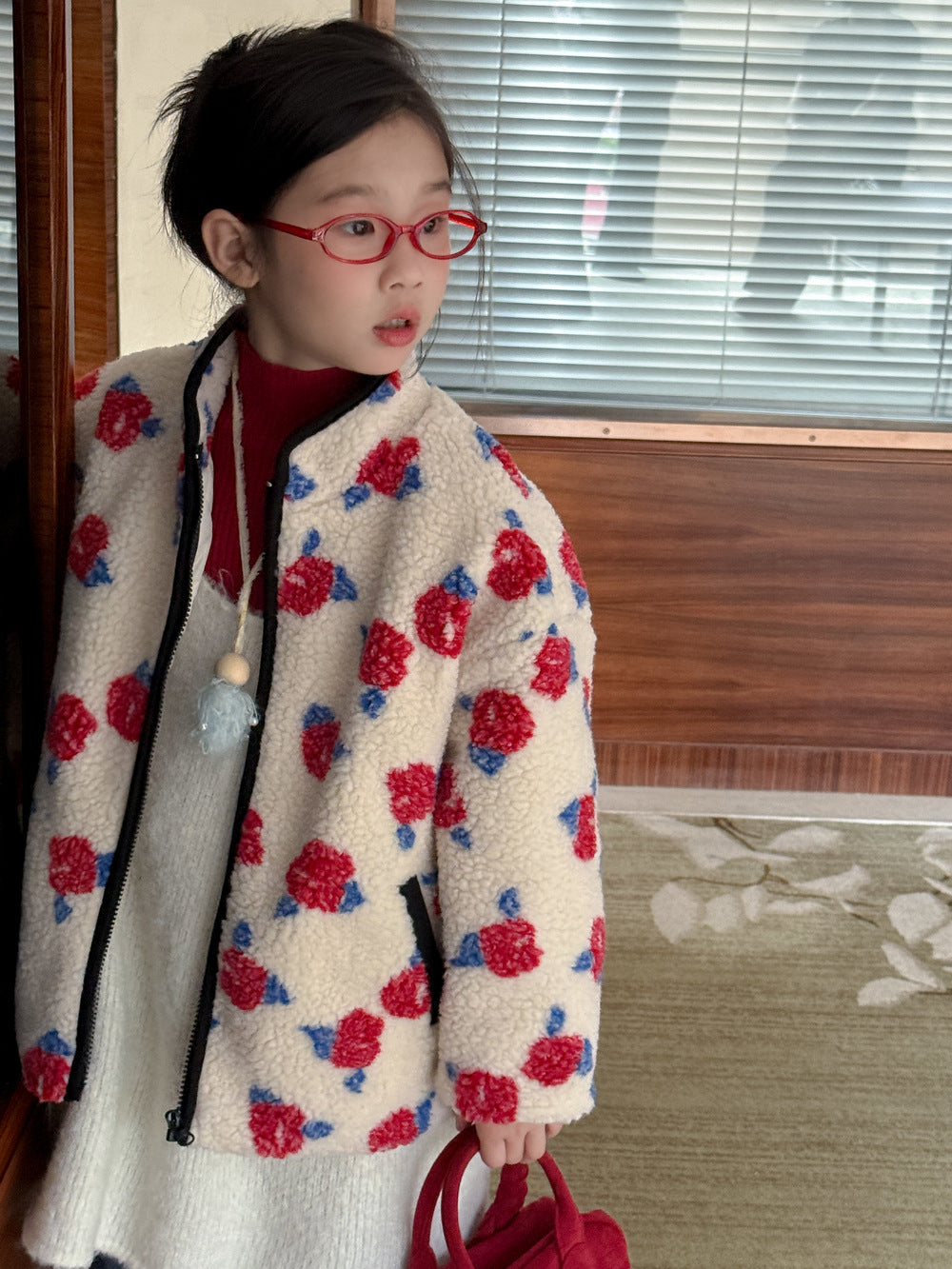 ショートコート・ジャケット・ジャンパー Beige / 110cm ボアジャケット キッズ フラワープリント 厚手 スタンドカラー カジュアル ジップアウター【mh0011686】