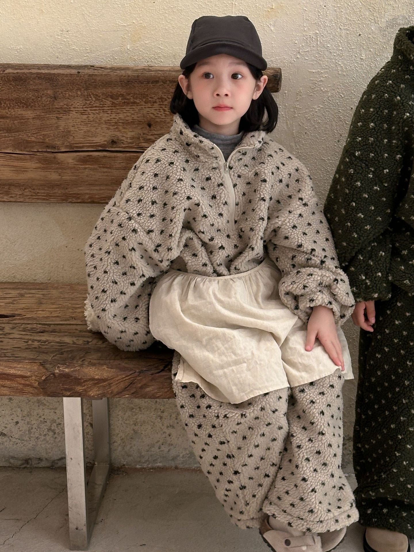 長袖セットアップ Beige / 90cm 1-2y キッズセットアップ 2点セット プリントボアフリースハーフジップ長袖トップス+ロングパンツ 2カラー【mh0007592】