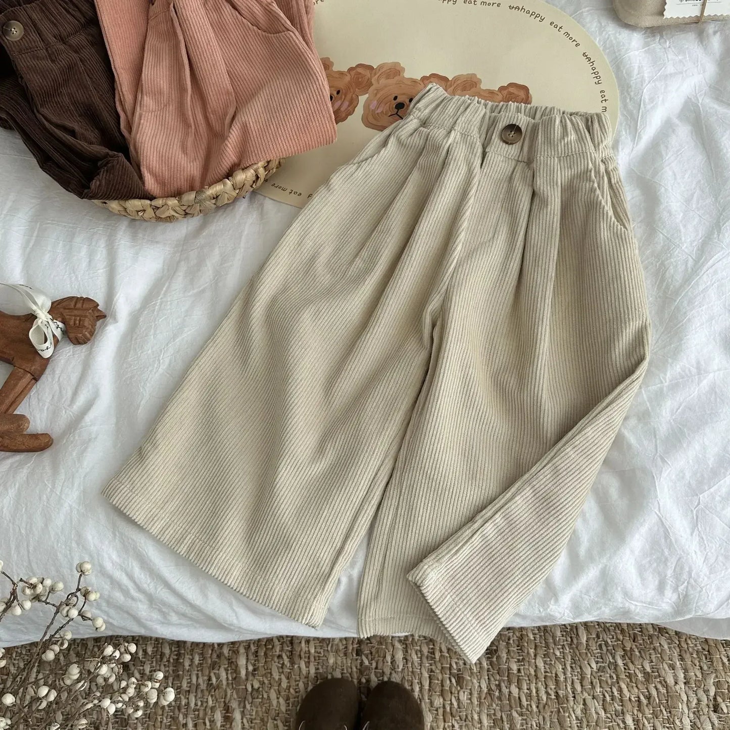 ロングパンツ・スウェットパンツ Beige / 90cm 1-2y キッズパンツ ワイドルーズコーデュロイガウチョパンツ 3カラー【mh0007369】