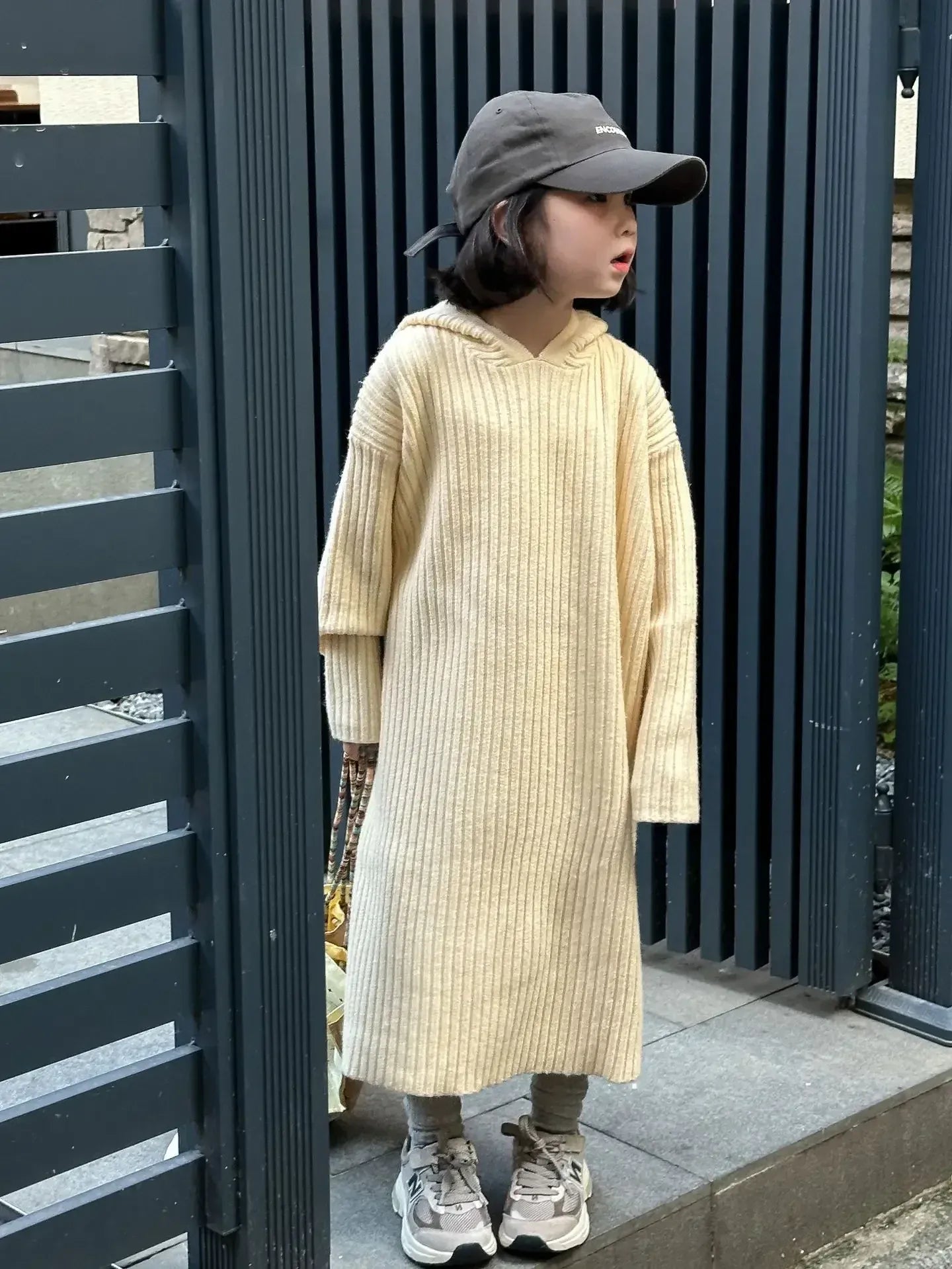 長袖ワンピース Beige / 90cm 1-2y キッズワンピース リブニットフーディルーズロング長袖セーターワンピース 3カラー【mh0007572】