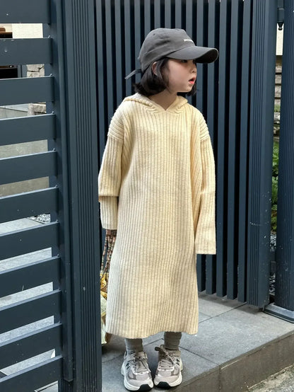 長袖ワンピース Beige / 90cm 1-2y キッズワンピース リブニットフーディルーズロング長袖セーターワンピース 3カラー【mh0007572】