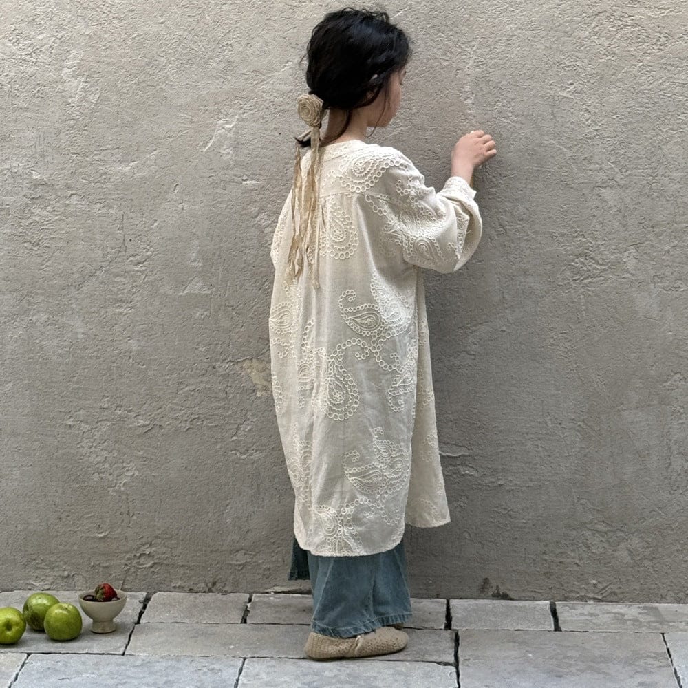 長袖ワンピース Beige / 90cm 刺繍レーススリット長袖ワンピース【mh0009680】