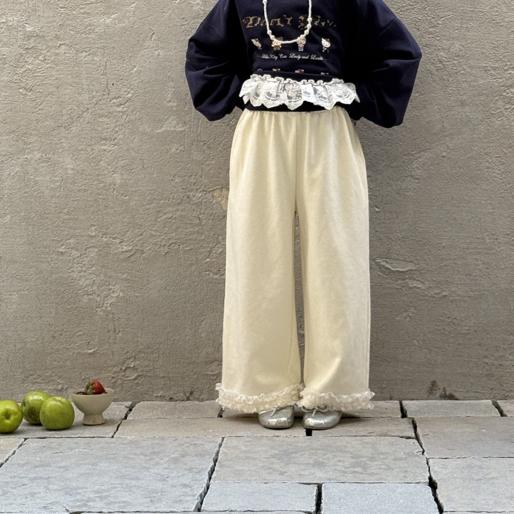 ロングパンツ・スウェットパンツ Beige / 90cm 裾レースフリルワイドルーズパンツ【mh0009694】