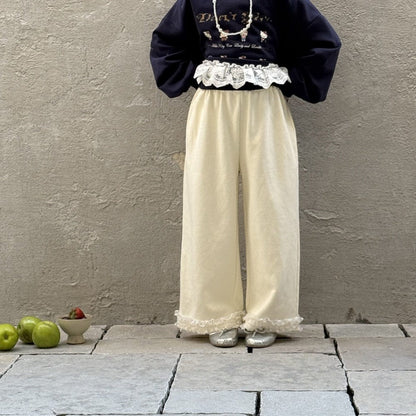 ロングパンツ・スウェットパンツ Beige / 90cm 裾レースフリルワイドルーズパンツ【mh0009694】