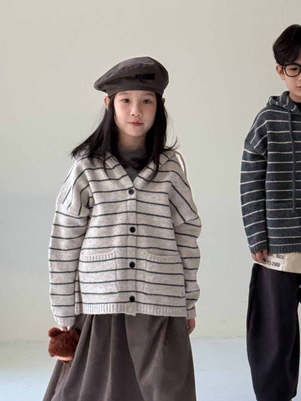 カーディガン・パーカー Beige / 90cm ボーダー柄フード付きニットカーディガン キッズセーター【mh0010963】
