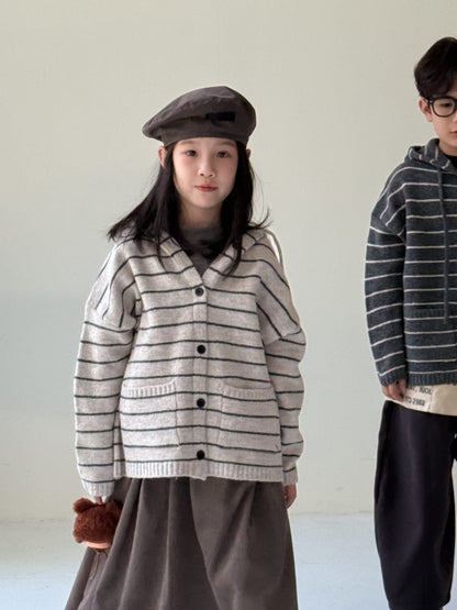 カーディガン・パーカー Beige / 90cm ボーダー柄フード付きニットカーディガン キッズセーター【mh0010963】