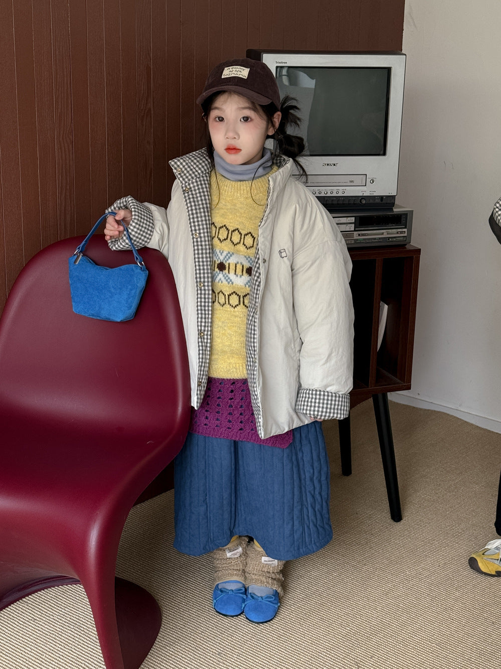 ショートコート・ジャケット・ジャンパー Beige / 90cm 中綿ジャケット キッズ チェック柄 スタンドカラー 厚手 ショート丈 カジュアル アウター【mh0011667】