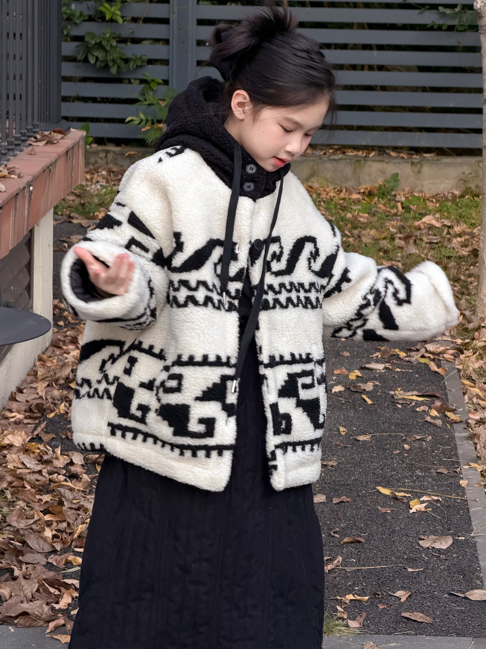 ショートコート・ジャケット・ジャンパー Beige White / 100cm ラムフリースジャケット トライバル柄 ネイティブ柄 フーディコート【mh0011868】