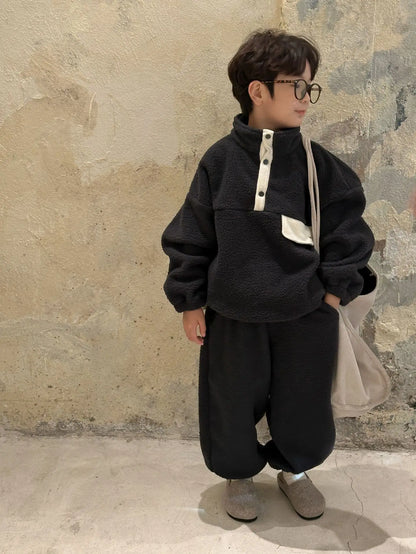 長袖セットアップ Black / 24M  90CM キッズセットアップ 2点セット ボアフリーススタンドカラー長袖スウェットシャツ+ロングスウェットパンツ【mh0008254】