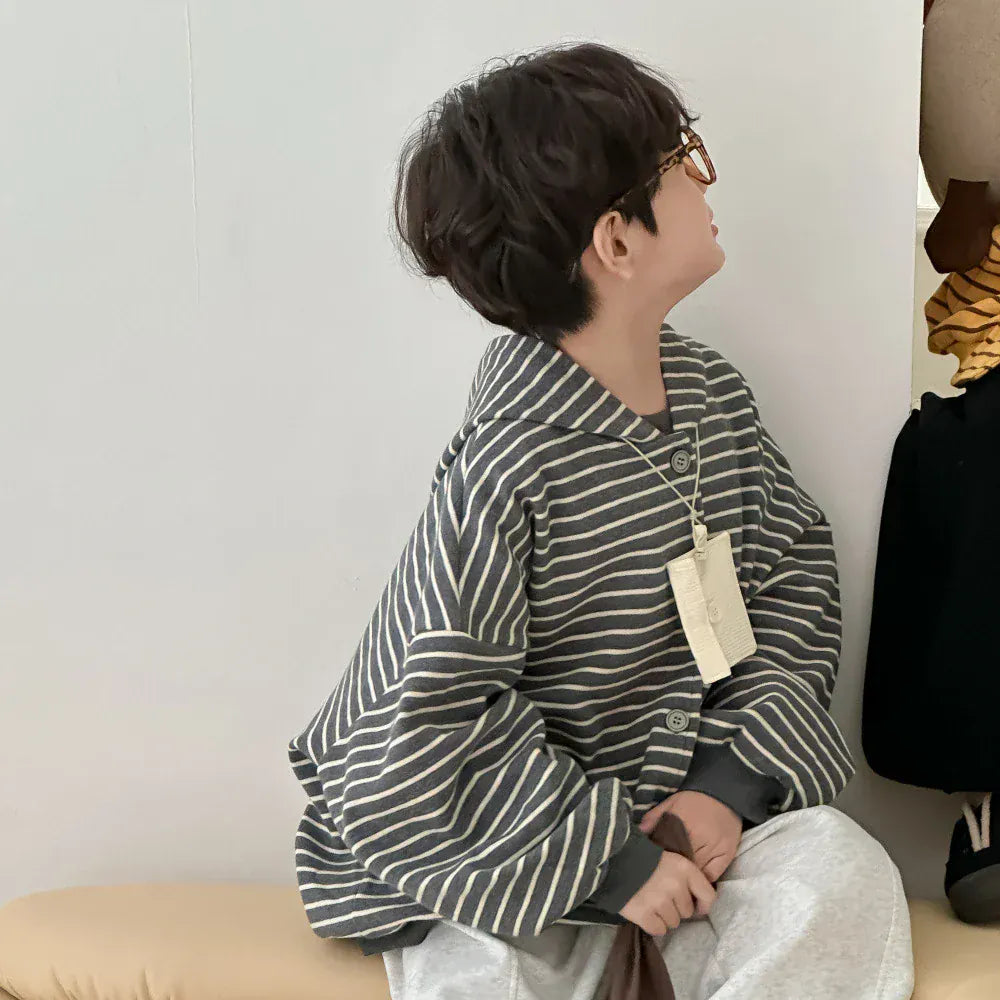 カーディガン・パーカー Black / 90cm 1-2y キッズトップス ボーダーフーディルーズスウェットカーディガンパーカー 2カラー【mh0007157】