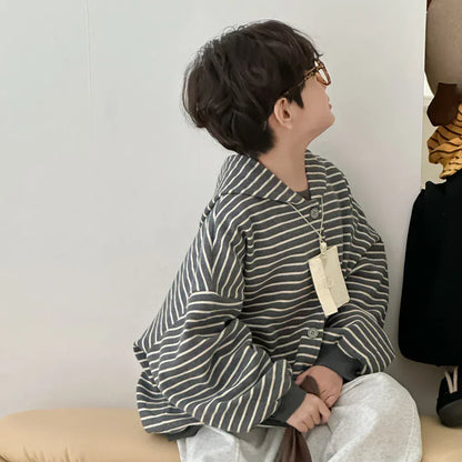 カーディガン・パーカー Black / 90cm 1-2y キッズトップス ボーダーフーディルーズスウェットカーディガンパーカー 2カラー【mh0007157】