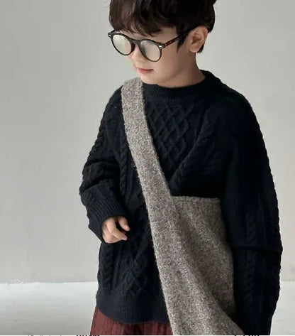 ニット・セーター Black / 90cm 1-2y キッズトップス アラン編みケーブルニットルーズセーター 2カラー【mh0007576】