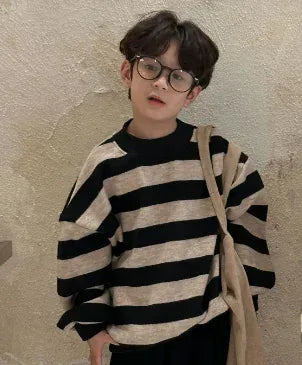 トレーナー・フーディ Black / 90cm 1-2y キッズトップス 太ボーダードロップショルダー裏フリース長袖スウェットシャツ 2カラー【mh0007579】