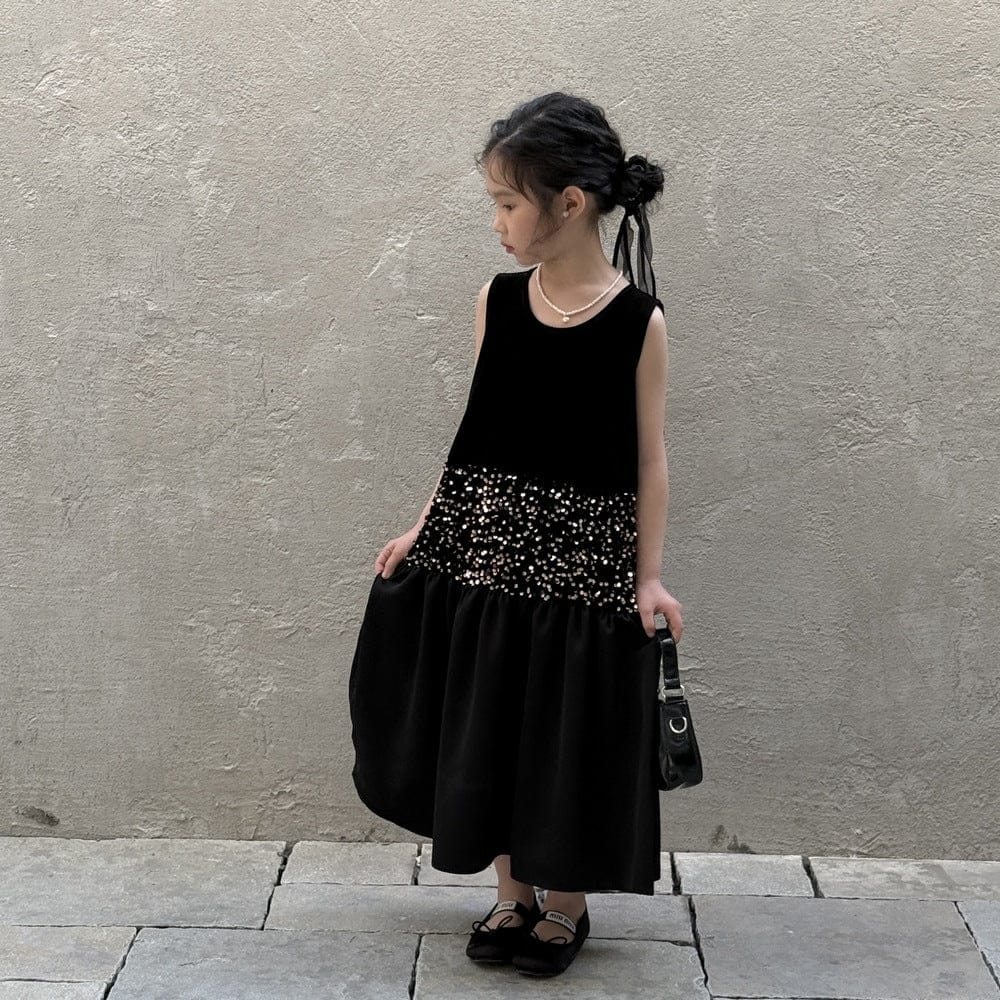 ノースリーブワンピース Black / 90cm スパンコールウエストノースリーブブラックワンピース【mh0009686】