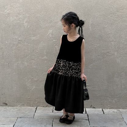 ノースリーブワンピース Black / 90cm スパンコールウエストノースリーブブラックワンピース【mh0009686】