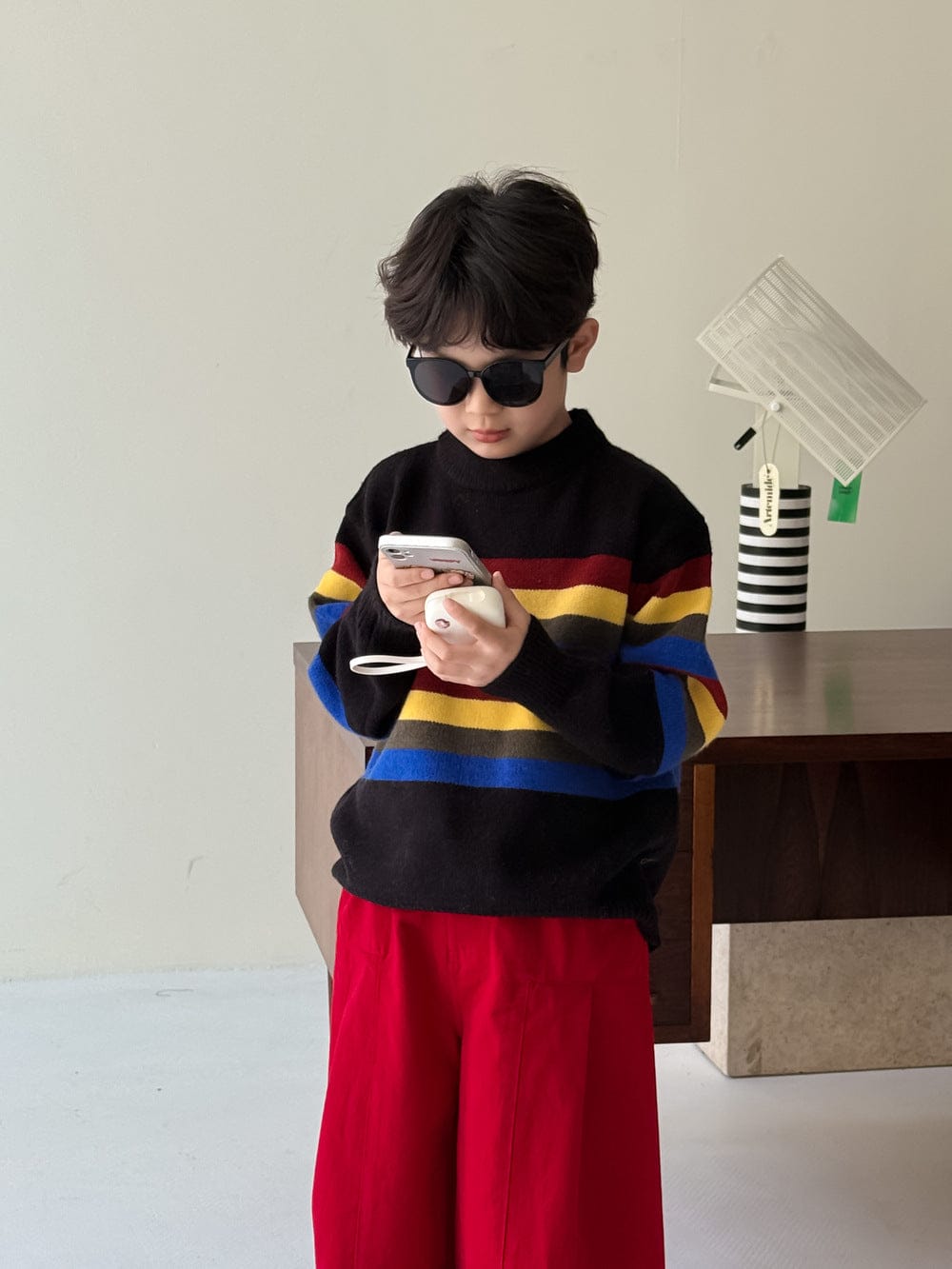 ニット・セーター Black / 90cm マルチカラーボーダー柄長袖ニットトップス レトロセーター【mh0010965】