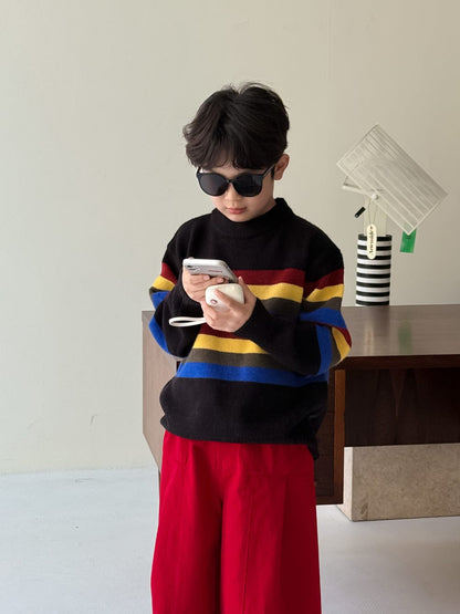 ニット・セーター Black / 90cm マルチカラーボーダー柄長袖ニットトップス レトロセーター【mh0010965】