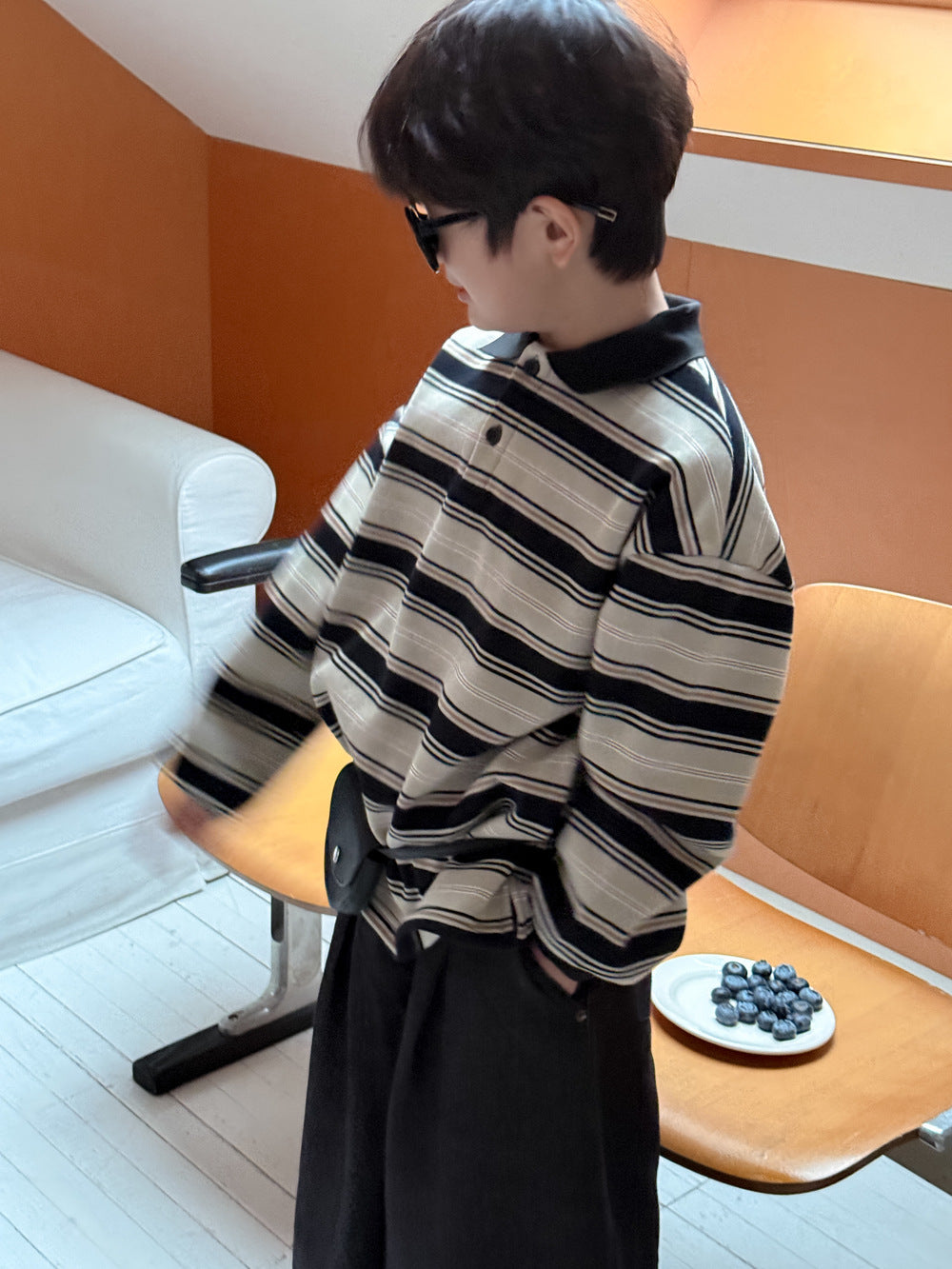 長袖シャツ・ブラウス Black / 90cm 長袖ポロシャツ キッズ ボーダー柄 裏起毛 厚手 ゆったり カジュアル トップス【mh0011669】