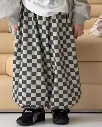 ロングパンツ・スウェットパンツ Black Gray / 110cm 3-4y キッズパンツ チェッカーチェックロングルーズパンツ 2カラー【mh0007367】