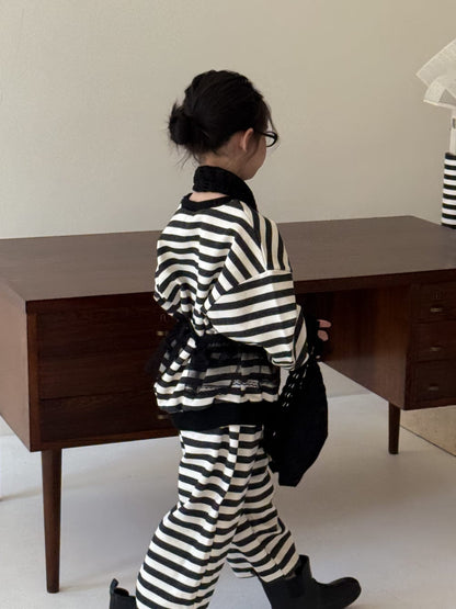 長袖セットアップ Blue / 140cm ボーダー柄スウェット上下セットアップ 2点セット【mh0010971】