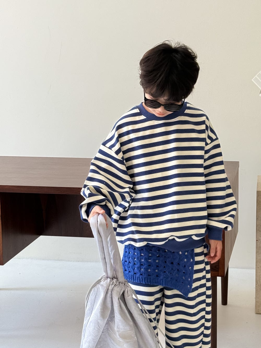 長袖セットアップ Blue / 140cm ボーダー柄スウェット上下セットアップ 2点セット【mh0010971】