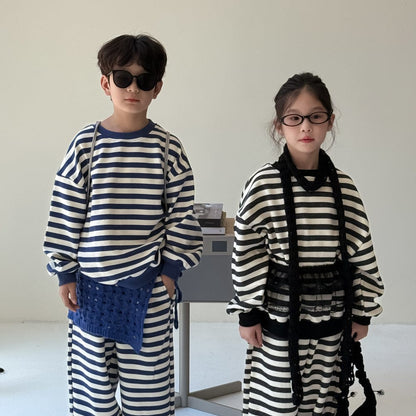 長袖セットアップ Blue / 140cm ボーダー柄スウェット上下セットアップ 2点セット【mh0010971】