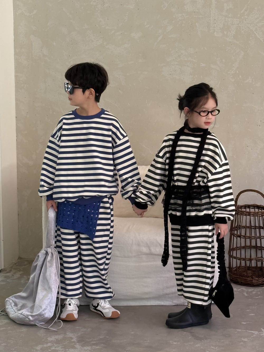 長袖セットアップ Blue / 140cm ボーダー柄スウェット上下セットアップ 2点セット【mh0010971】