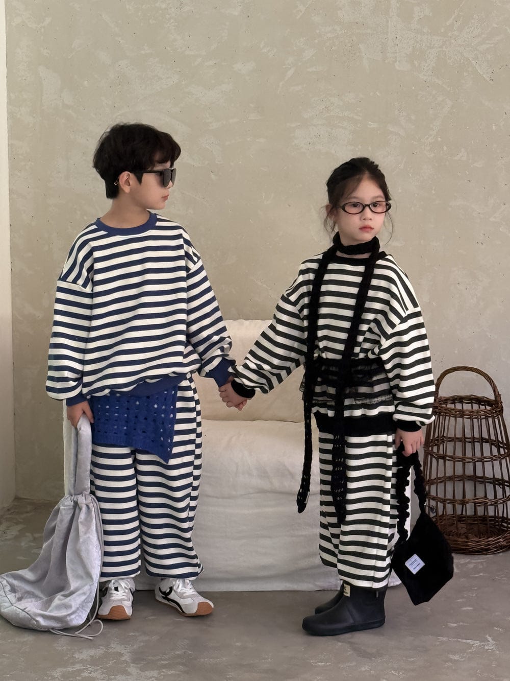 長袖セットアップ Blue / 140cm ボーダー柄スウェット上下セットアップ 2点セット【mh0010971】