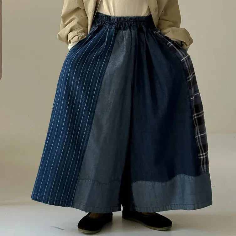 デニムパンツ Blue / 90cm 1-2y キッズパンツ パッチワークデニムワイドルーズビッグシルエットパンツ ガウチョパンツ【mh0007106】