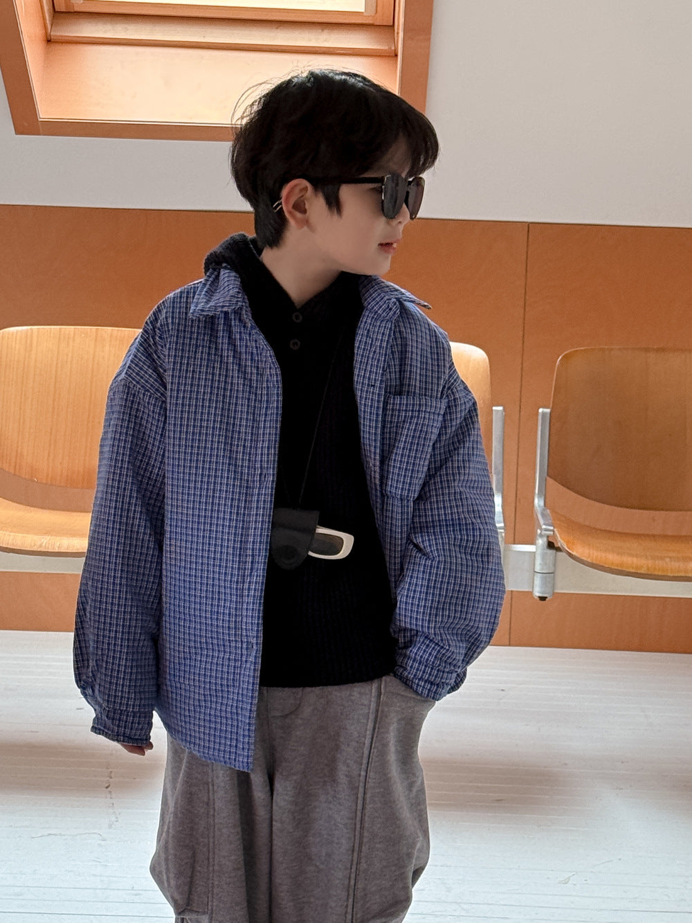 ショートコート・ジャケット・ジャンパー Blue / 90cm シャツジャケット キッズ チェック柄 中綿 厚手 ルーズフィット カジュアル アウター【mh0011673】