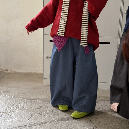 ロングパンツ・スウェットパンツ Blue / 90cm ワイドパンツ キッズ 裏起毛 厚手 デニム風 無地 ストレート ルーズフィット【mh0011680】