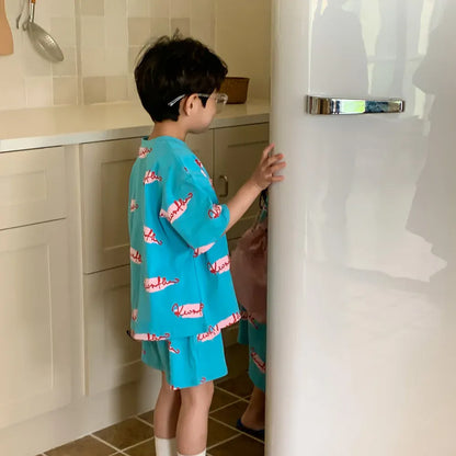 半袖セットアップ blue boy set / 2T 90cm キッズセットアップ 2点セット/ワンピース ボーイズ半袖Tシャツ+ショートパンツ/ガールズノースリーブワンピース レターロゴプリント 2カラー リンクコーデ 兄弟姉妹 お揃いコーデ【mh0006205】