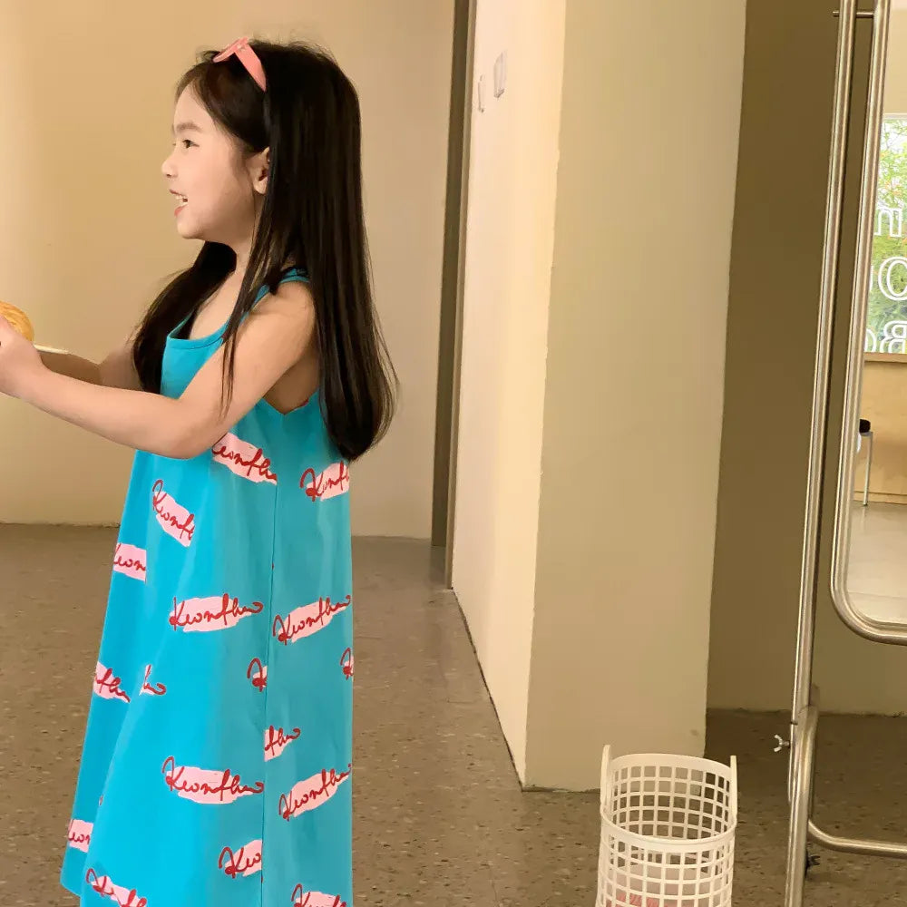 半袖セットアップ blue girl dress / 2T 90cm キッズセットアップ 2点セット/ワンピース ボーイズ半袖Tシャツ+ショートパンツ/ガールズノースリーブワンピース レターロゴプリント 2カラー リンクコーデ 兄弟姉妹 お揃いコーデ【mh0006205】