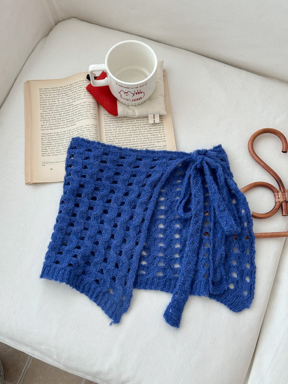 スカート Blue / One Size サイドリボン透かし編みニット巻きスカート【mh0010771】