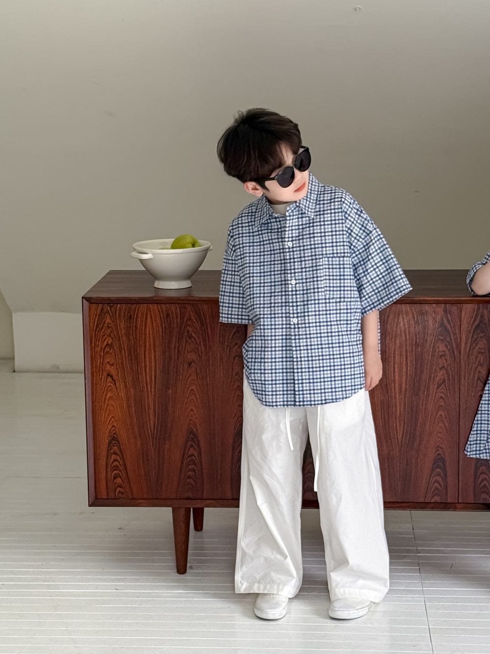 半袖セットアップ Blue plaid shirts / 100cm レトロチェック半袖プリーツスカートワンピース/半袖シャツ/ルーズロングパンツ【mh0010051】