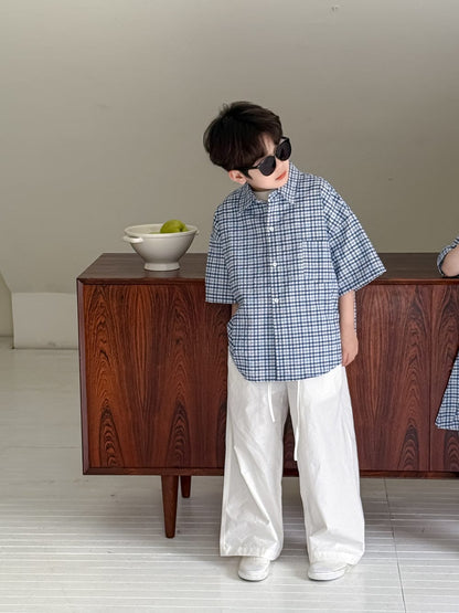 半袖セットアップ Blue plaid shirts / 100cm レトロチェック半袖プリーツスカートワンピース/半袖シャツ/ルーズロングパンツ【mh0010051】