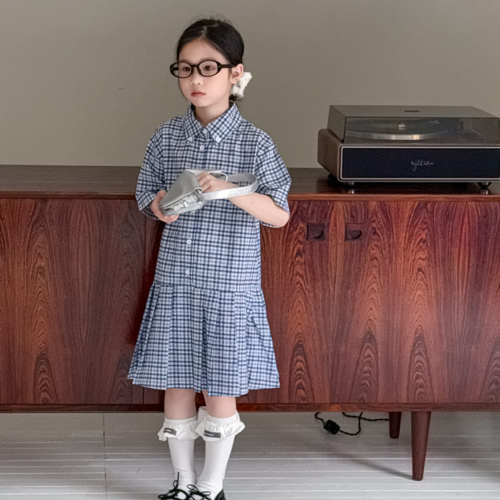 半袖セットアップ Blue Small Plaid College Skirt / 90cm レトロチェック半袖プリーツスカートワンピース/半袖シャツ/ルーズロングパンツ【mh0010051】