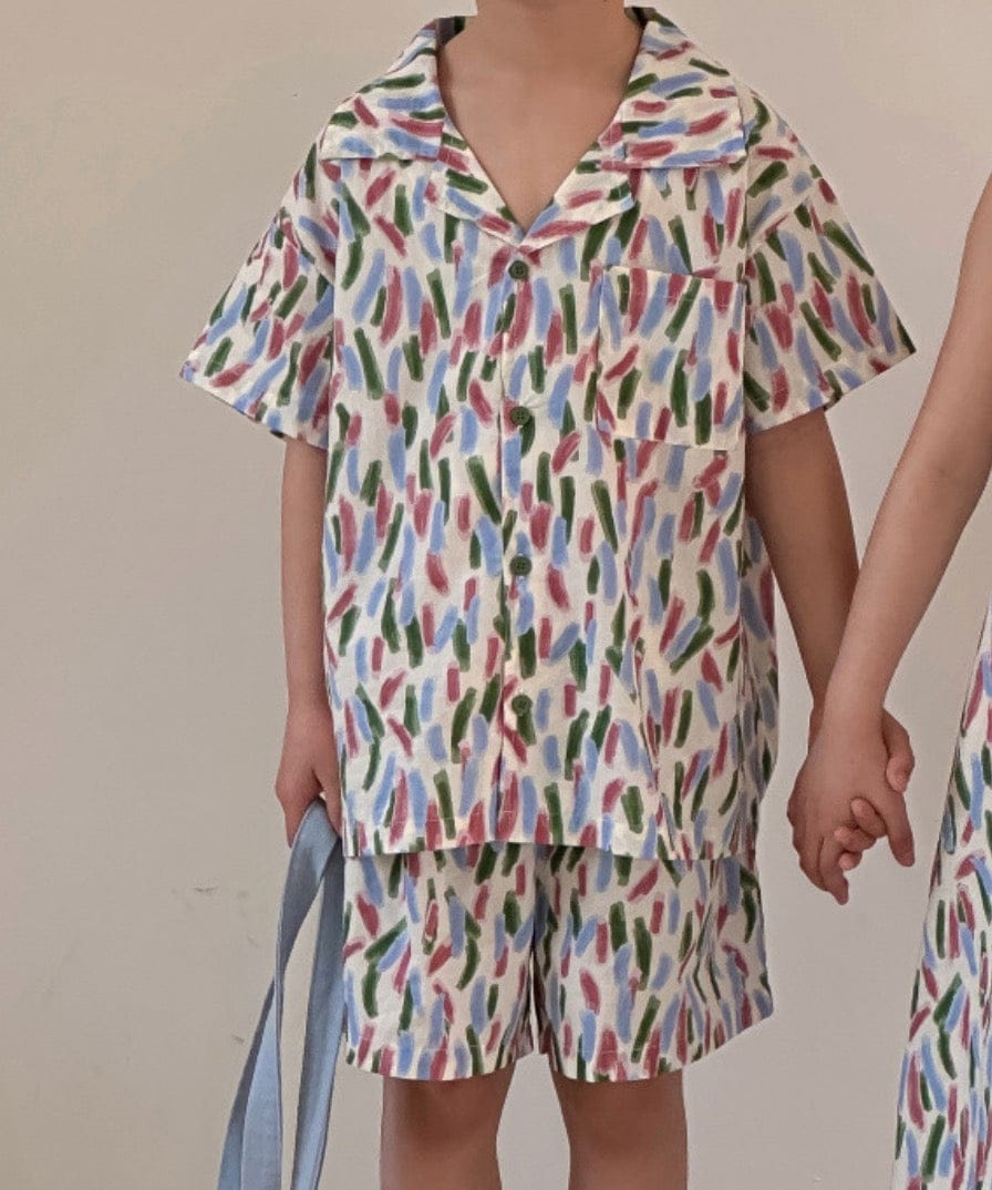 半袖セットアップ boy 2pc set / 90cm 1-2y キッズセットアップ 2点セット/ワンピース ボーイズ半袖シャツ+ショートパンツ/ガールズキャミワンピ カラフル リンクコーデ 兄弟姉妹 お揃いコーデ【mh0004884】