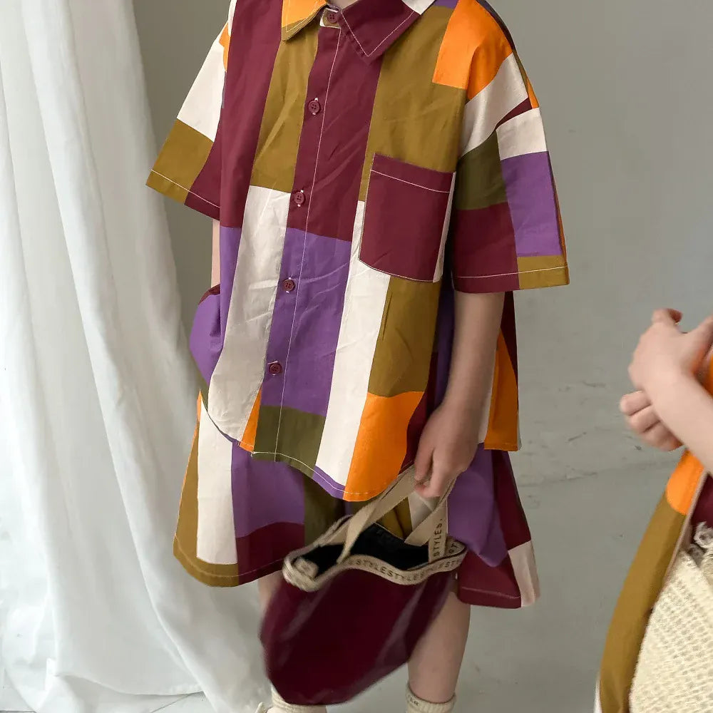 半袖セットアップ boy set / 100cm 2-3y キッズセットアップ 2点セット/ワンピース ボーイズ半袖シャツ+ショートパンツ/ガールズノースリーブワンピース 幾何学チェック リンクコーデ 兄弟姉妹 お揃いコーデ【mh0005179】