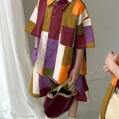 半袖セットアップ boy set / 100cm 2-3y キッズセットアップ 2点セット/ワンピース ボーイズ半袖シャツ+ショートパンツ/ガールズノースリーブワンピース 幾何学チェック リンクコーデ 兄弟姉妹 お揃いコーデ【mh0005179】
