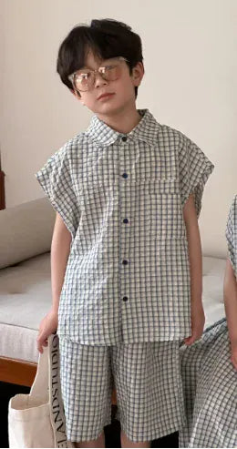 半袖セットアップ boy set / 90cm 1-2y キッズセットアップ 2点セット/ワンピース ボーイズ半袖シャツ+ショートパンツ/ガールズノースリーブフロントオープンワンピ チェック リンクコーデ 兄弟姉妹 お揃いコーデ【mh0004885】
