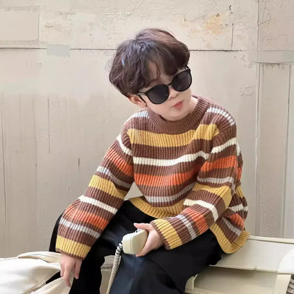 ニット・セーター boy sweater / 90cm 1-2y キッズトップス/ワンピース レトロボーダー長袖ニットTシャツ/フーディボーダー長袖ニットワンピース リンクコーデ 兄弟姉妹 お揃いコーデ【mh0007131】