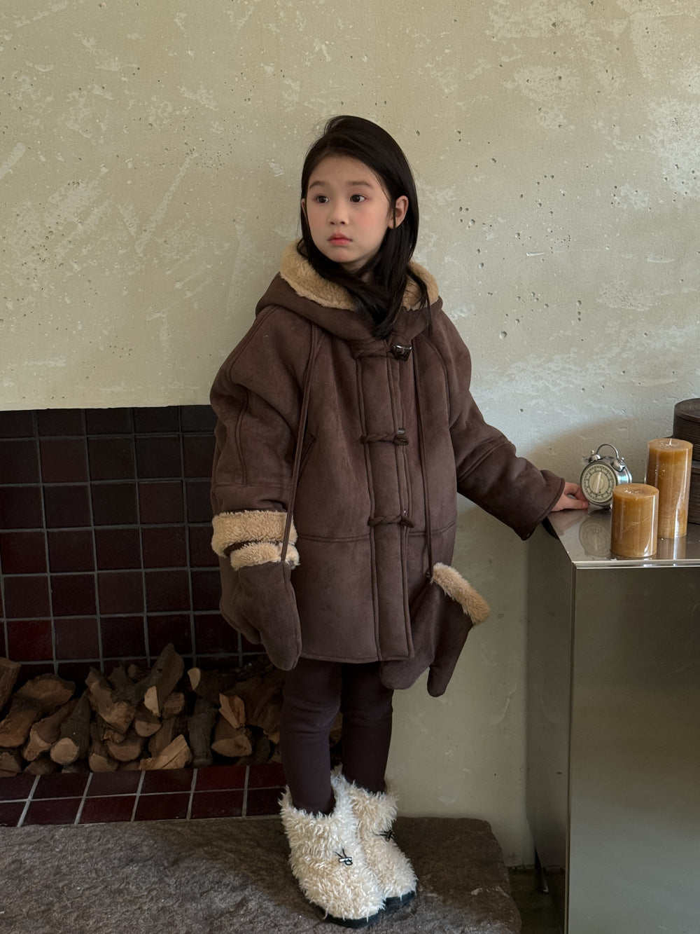 ショートコート・ジャケット・ジャンパー Coffee / 100cm フェイクムートンコート 裏ボアフリース ダッフルジャケット【mh0011875】