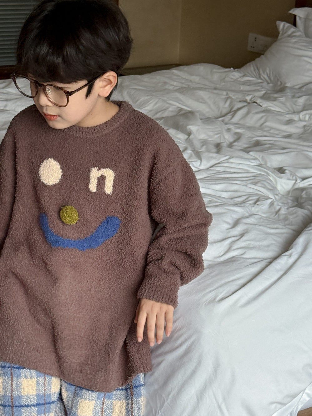 長袖パジャマ Coffee / 90cm パジャマ キッズ モコモコ 裏起毛 厚手 セットアップ チェック柄 ルームウェア【mh0011660】