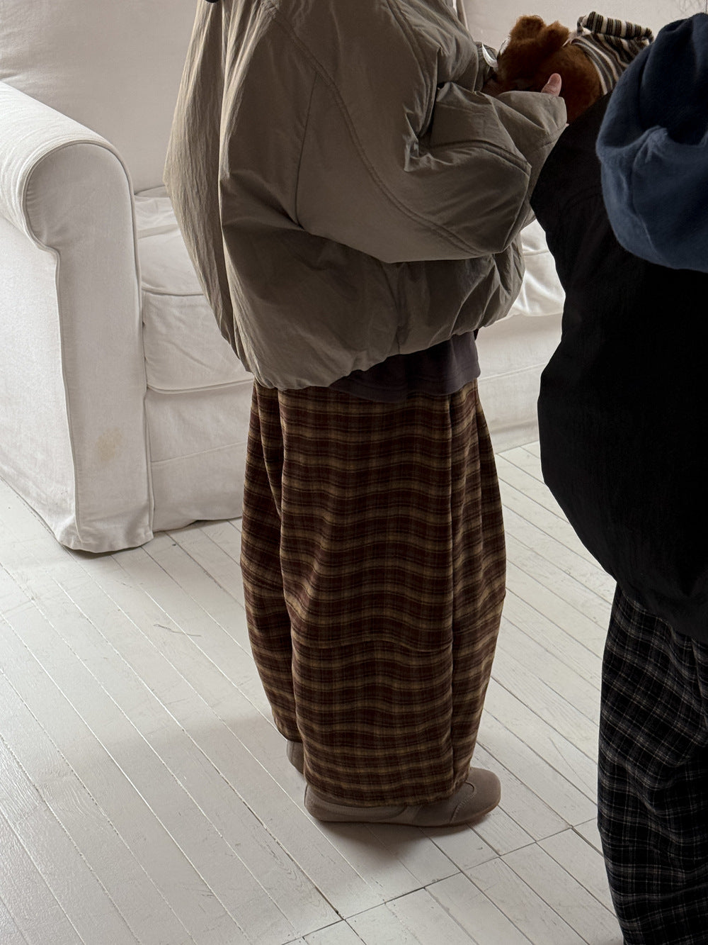 ロングパンツ・スウェットパンツ Coffee / 90cm ワイドパンツ キッズ 裏起毛 厚手 チェック柄 ゆったり ルーズ ダッドパンツ【mh0011665】