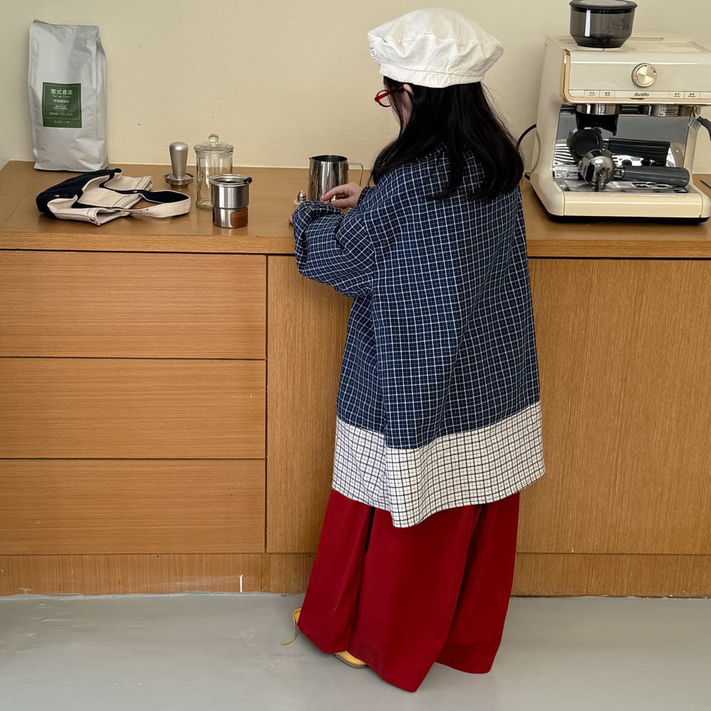 長袖セットアップ Color-blocked plaid loose shirt / 90cm ギンガムチェック長袖シャツ/ワイドガウチョパンツ パッチワーク切り替えカジュアルトップス【mh0010773】